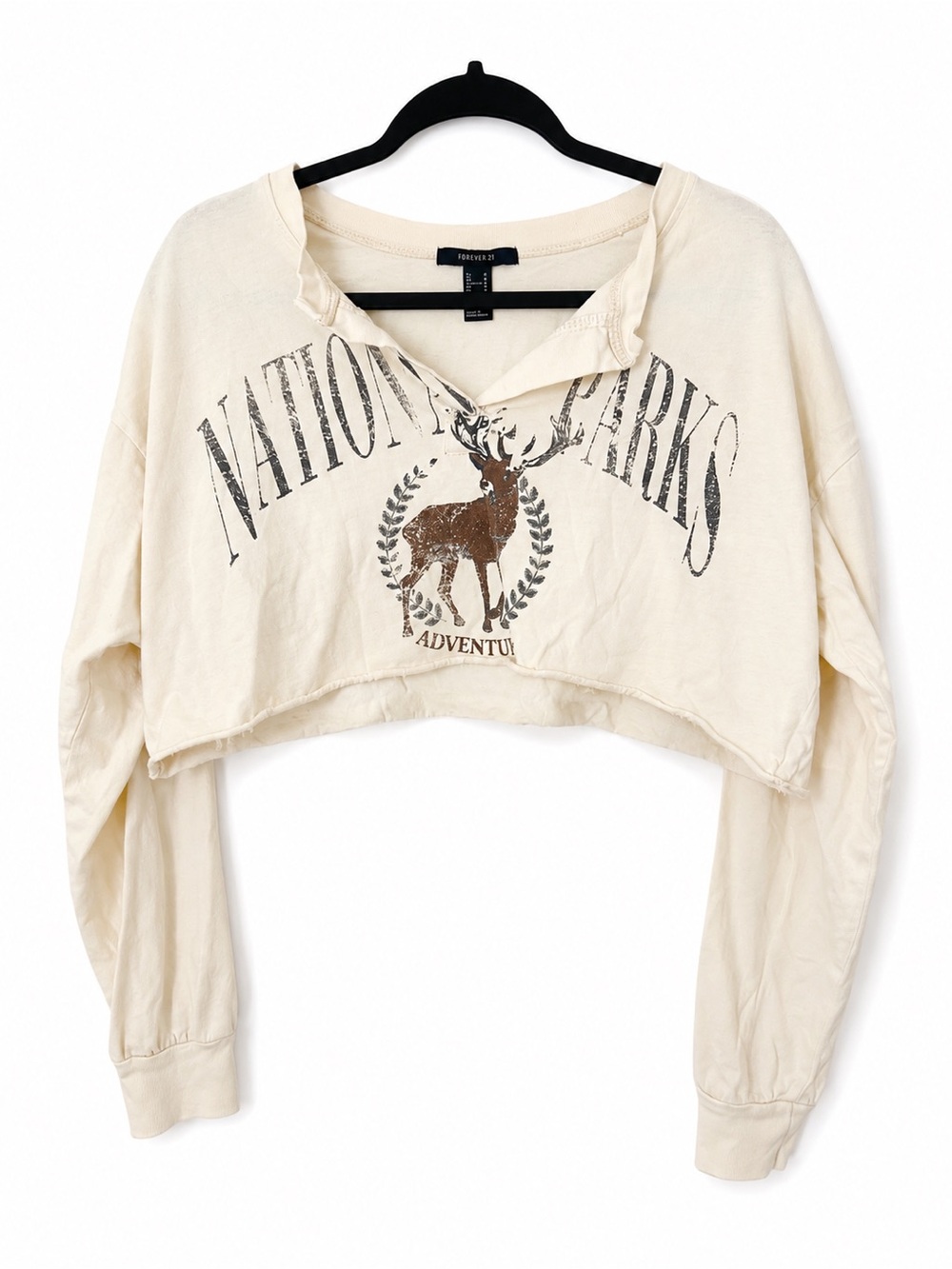 National Parks Deer Graphic Cropped Sweatshirt Size Cream Oversized Pullover M